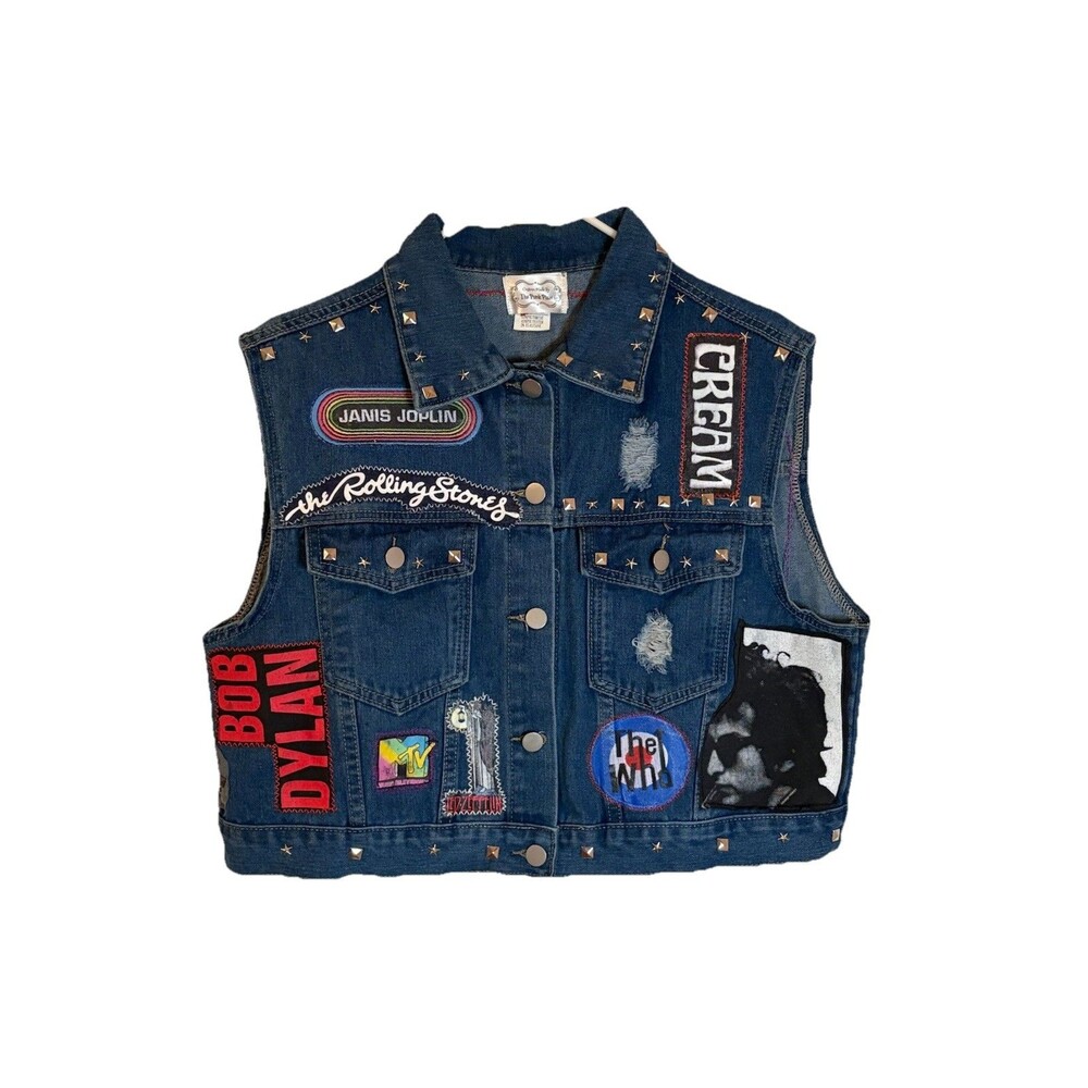 Custom Women’s Denim VEST Rock Music MTV Themed Patches Studded Up-Cycled